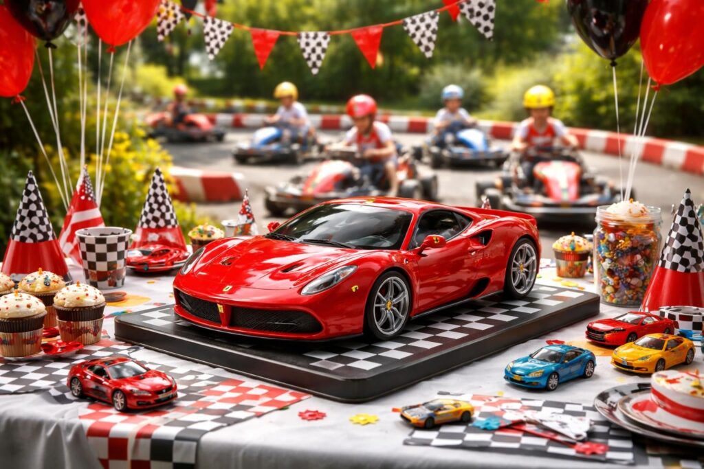 Décoration anniversaire thème voiture avec gâteau Ferrari et animation karting pour enfants