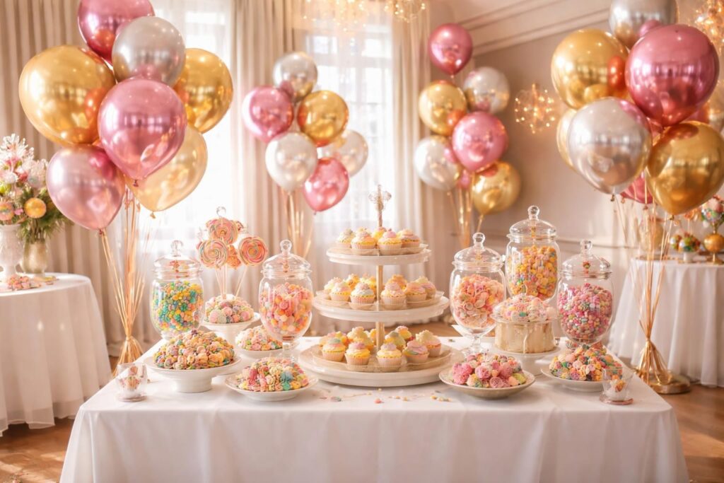 Organiser une salle de fête pour anniversaire avec ballons métallisés et candy bar Meri Meri