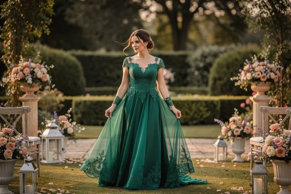 Assortir la robe de mariée vert émeraude avec le thème du mariage